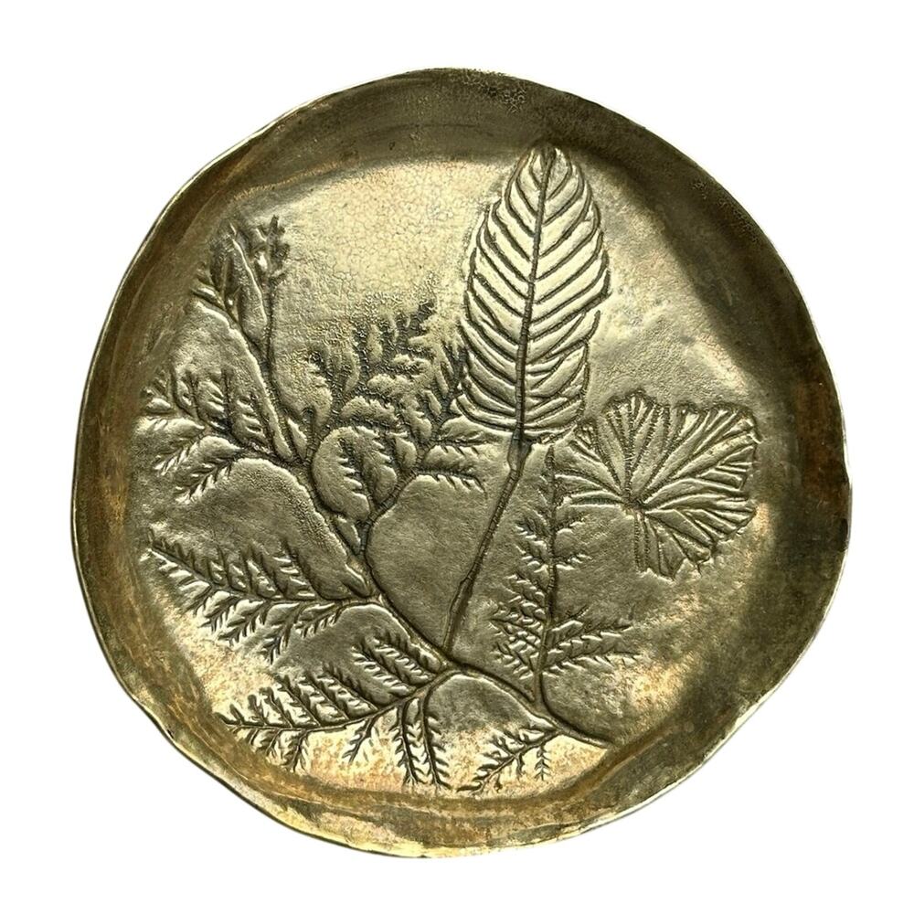 Vintage MCM brass botanical embossed trinket catchall dish Collini Italy footed